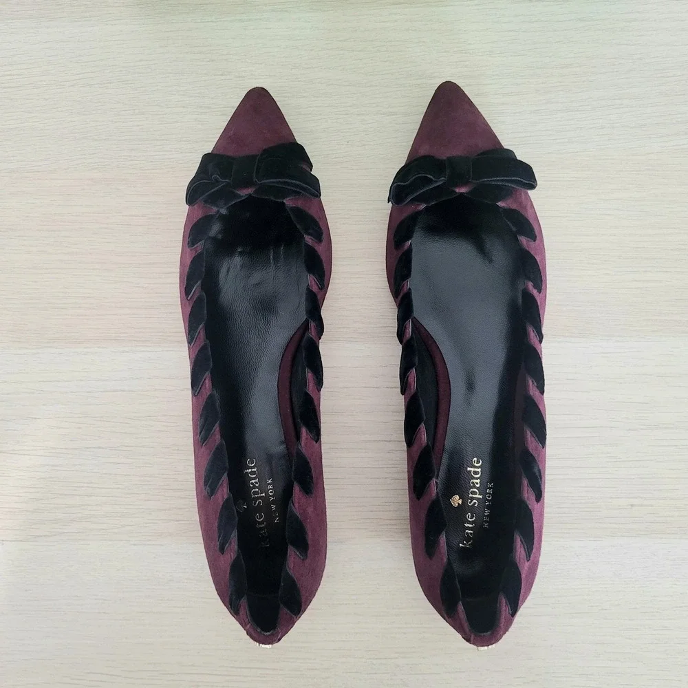 Kate Spade Kalani Suede Flats Cherry Burgundy Red Purple Black Bow Point Shoes 8